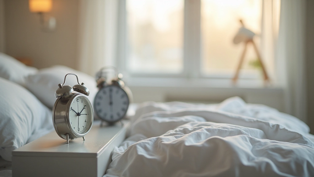 Wecker auf einem Nachttisch neben einem Fenster, minimalistisches Schlafzimmer