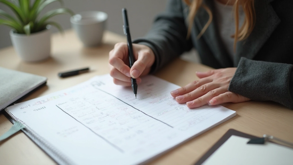 Schreibtisch mit verschiedenen Tracking-Tools: Papierkalender, Notizbuch und Smartphone mit Habit-App