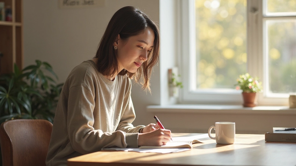 Notizbuch mit handschriftlichen Notizen und Stift auf einem hellen Schreibtisch