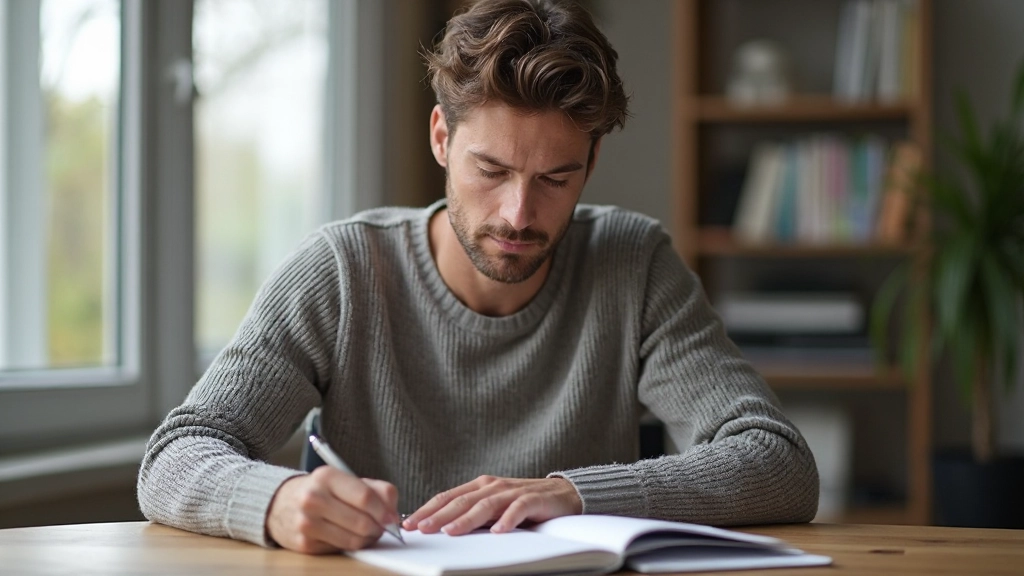 Person sitzt am Schreibtisch und markiert erfolgreich absolvierte Aufgaben in einem Notizbuch