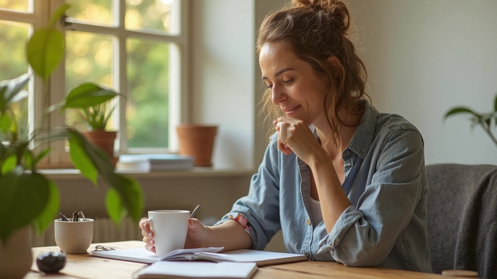 Person bei der täglichen Morgenroutine mit Kaffee und Tagebuch in heller, gemütlicher Umgebung