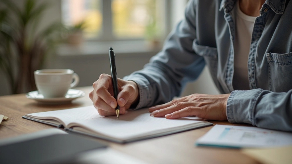 Person schreibt Gewohnheitsziele in Tagebuch mit strukturierter Liste und Häkchen