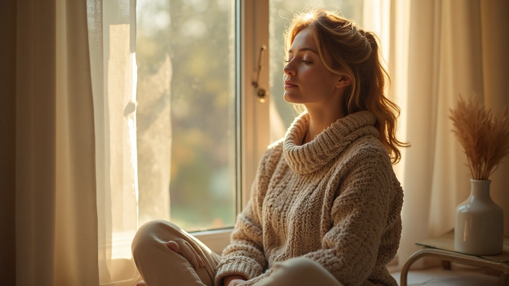 Person sitzt mit geschlossenen Augen ruhig am Fenster, warmes Morgenlicht, Tasse neben ihr