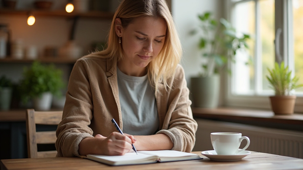 Person sitzt am Schreibtisch und schreibt in ein Tagebuch mit Kaffee daneben