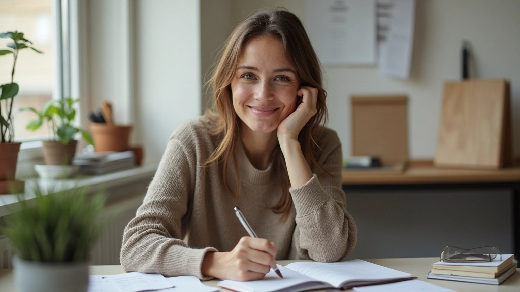 Person schreibt in ein Tagebuch mit Fokus und Absicht, umgeben von Notizen und Zielen